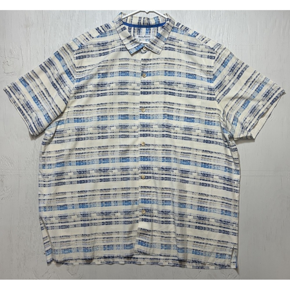 Mens Tommy Bahama Loop Collar Button Up Hawaiian Shirt Silk Size 3XL Geometric